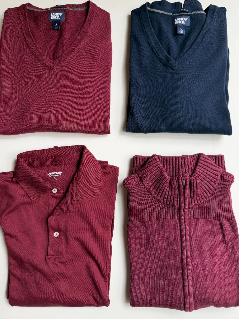 LOT 4 LANDS' END COTTON SWEATERS/LS POLO MEN'S SIZE LARGE NAVY/BURGUNDY 1 NWT